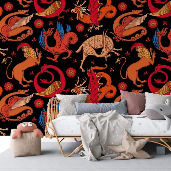 Dragons Wall Art Medieval Mythical Animals Wallpaper Romanesque Inspired Fantasy Home Decor