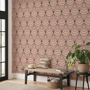 Carta da Parati Art Déco Anni '30 Geometrica verde e rosa, Carta da parati geometrica anni 70