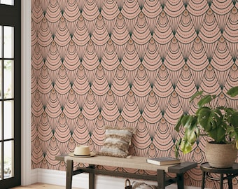 Pink and Green Folding Fan Art Deco Wallpaper, Geometric Pattern Mid Century Art Noveau Wall Decor