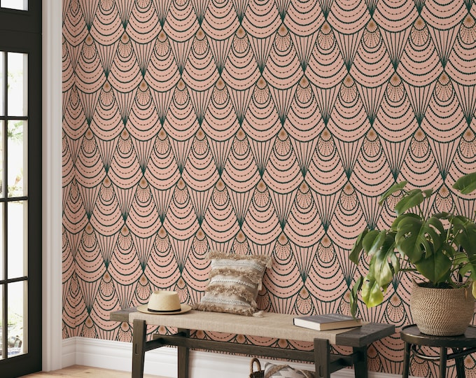 Pink and Green Folding Fan Art Deco Wallpaper, Geometric Pattern Mid Century Art Noveau Wall Decor