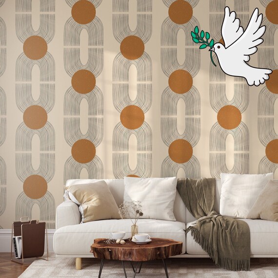 Light Beige Art Deco Wallpaper, Earth Tone Retro Wall Decor, Grunge Wall Art