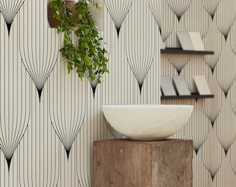 Art Deco Wallpaper Black and White Folding Fan Wall Decor Vintage Style Geometric Pattern Home Accent