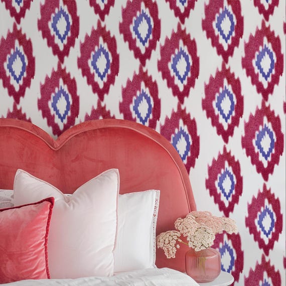 Retro 70s Wallpaper Red and Blue Abstract Wall Decor Colorful Vintage Style Home Accent