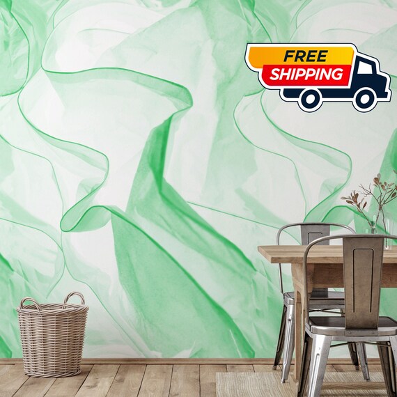 Fluttering Veils Green Wallpaper for a Dreamy Space, Delicate Drapery Wallpaper, Air Fabric Folds Wallpaper
