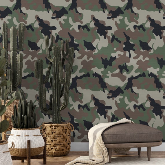 Military Camouflage Wall Mural, Abstract Army Green Camo Wallpaper for