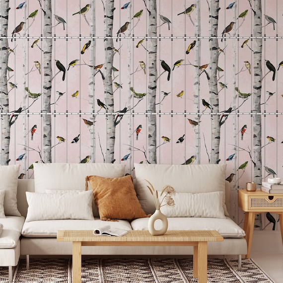 Extra Large Birds Wallpaper, Birch Tree and Bird Wall Decor