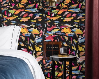 Brushstroke Print Artistic Wallpaper for Modern Wall Art, Black Whimsical Home Decor Abstract Art