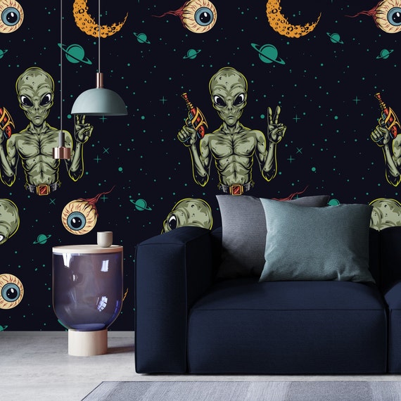 Alien Wallpaper for Space Decor, Kid's Room Aliens Wall Art with Blue Background