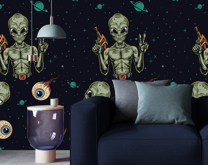 Alien Wallpaper for Space Decor, Kid's Room Aliens Wall Art with Blue Background