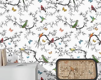 Bird and Butterfly Wallpaper for Children Room Decor, Sparrow Wall Decor in Black and white