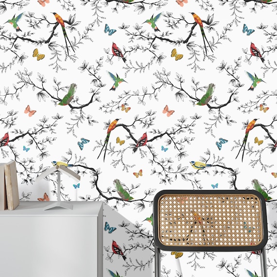 Bird and Butterfly Wallpaper for Children Room Decor, Sparrow Wall Decor in Black and white