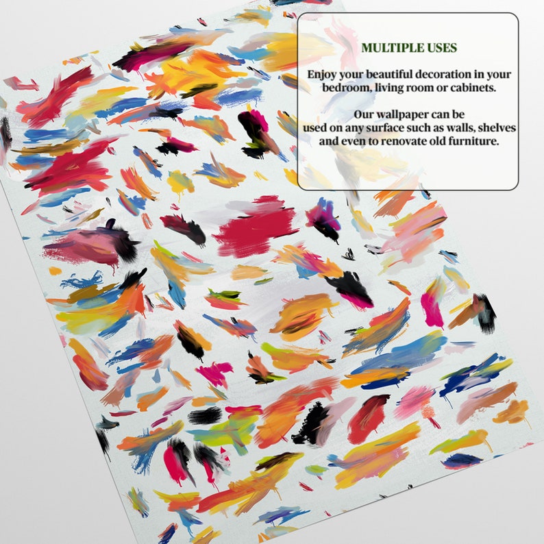 May include: Abstract wallpaper with colorful brushstrokes in shades of red, orange, yellow, blue, green, pink, and black on a white background. The text "MULTIPLE USES" is in a green box at the top of the image. The text below reads "Enjoy your beautiful decoration in your bedroom, living room or cabinets. Our wallpaper can be used on any surface such as walls, shelves and even to renovate old furniture."