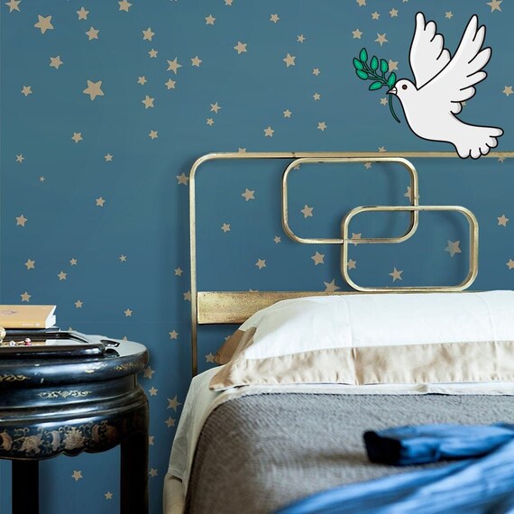 Blue and Gold Stars Wallpaper, Baby Nursery Golden Star Wall Decor with soft color palette.