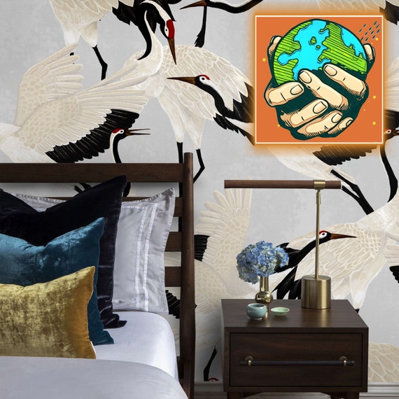 Grey Heron Asian Wallpaper, Vintage Crane Birds Wall art, Chinoiserie print Removable Wall Decor