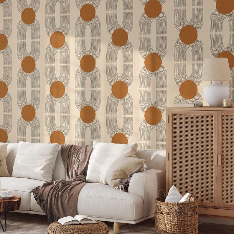 Art Deco Geometric Wallpaper, Masculine Earth Tone Mid Century Bedroom Decor, Beige Retro Vintage Wallpaper image 6
