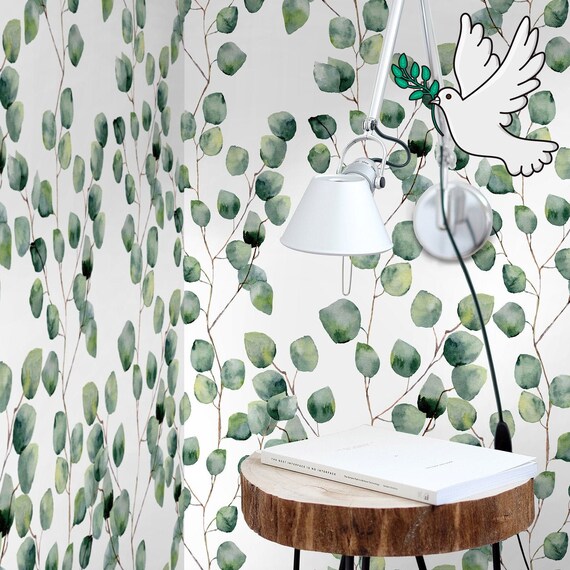 Leaf Eucalyptus Green Boho Watercolor Temporary Wallpaper,  Little Leaf wall Decor