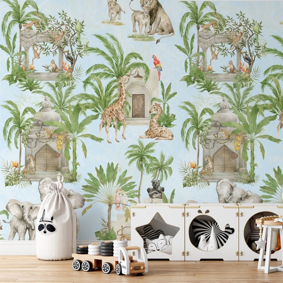 Safari Wallpaper with Wild Animal, Baby room nursery African Forest Wall Decoration, Exotic Animals Wall Art