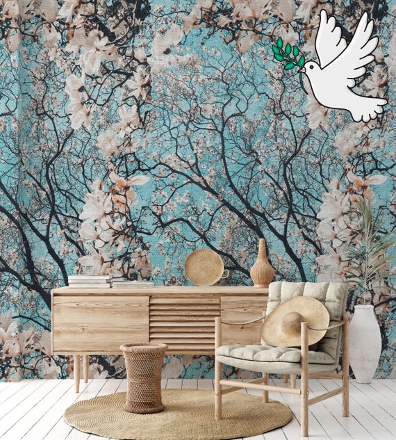 Almond Blossom Wallpaper, Floral Blossom Wall Decor, Sky Blue Background Elegant Wall Decor