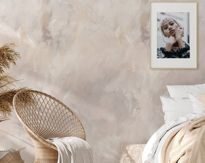 Venetian Plaster Wallpaper in Soft Beige, Faux Concrete Texture Wallpaper for Minimalist Living Room