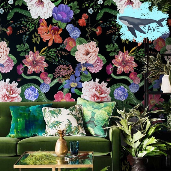 Dark Botanical Floral Wallpaper,  Night Life Secret Garden Wall Art, Black Vintage Herbs Wall Decore