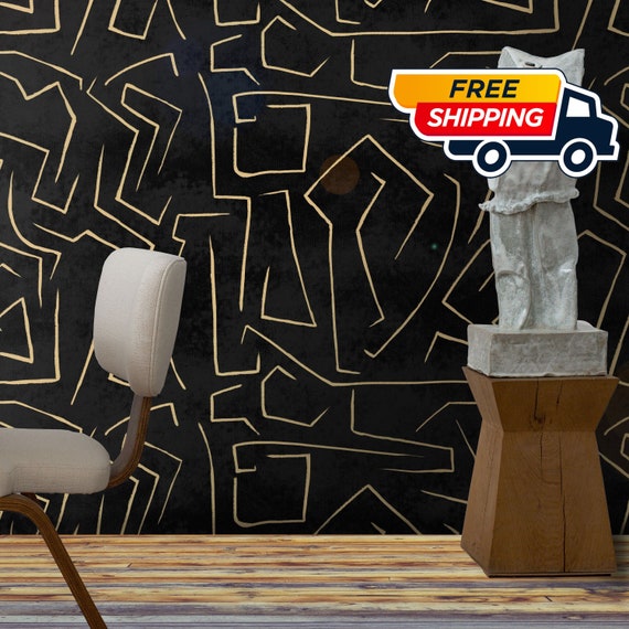 Graffiti Wallpaper in Black and Gold, Modern abstract art Lines Wall Art