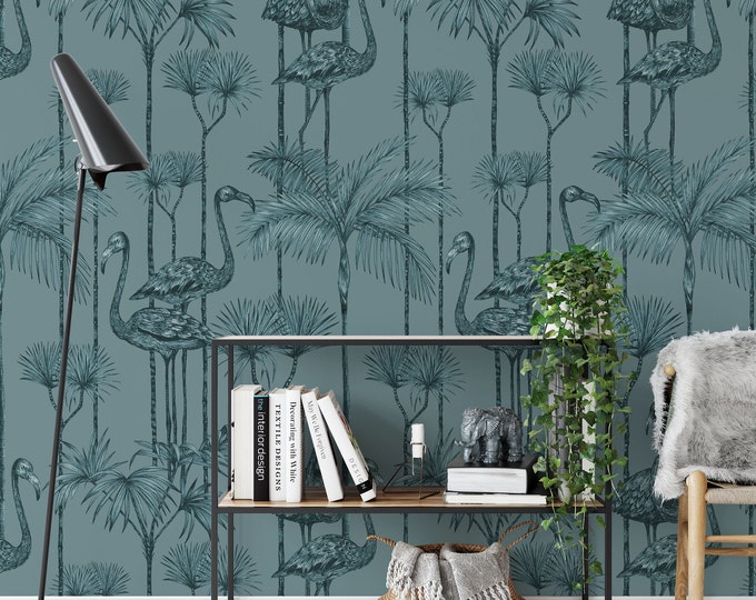Blue Flamingo Wallpaper, Tropical Birds Vintage Wall Covering, Dramatic Exotic Nature Decor for Home & Office