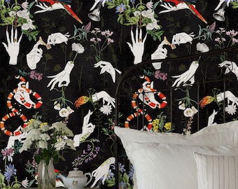 Romantic Gothic Hand Wallpaper | Floral Surrealist Dark Art | Mystical and Elegant Decor | Eco-Friendly & Removable