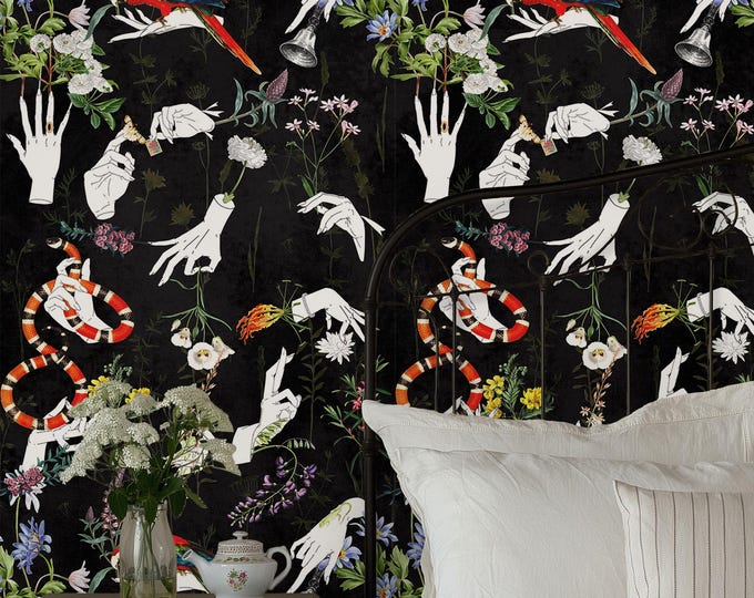 Romantic Gothic Hand Wallpaper | Floral Surrealist Dark Art | Mystical and Elegant Decor | Eco-Friendly & Removable