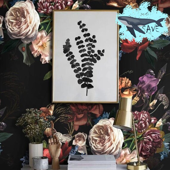 Black Background Flemish Style Floral Wallpaper - Elegant and Timeless Wall Decor for a Dramatic Statement, Dark Floral Art Dutch Wallpaper