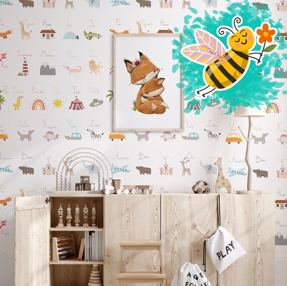 Scandinavian Color Alphabet Wallpaper for Kids Room, Letter Hand, Drawing Animals, Room Nursery