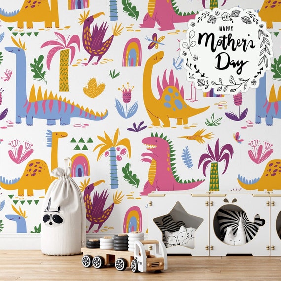 Watercolor Dinosaur Kids wallpaper, Baby Boy Room colorful dino for Kids Decor