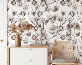 Soft Flowers White Wallpaper, Delicate Floral White Wall Decor, Watercolor Cotton Wall Art