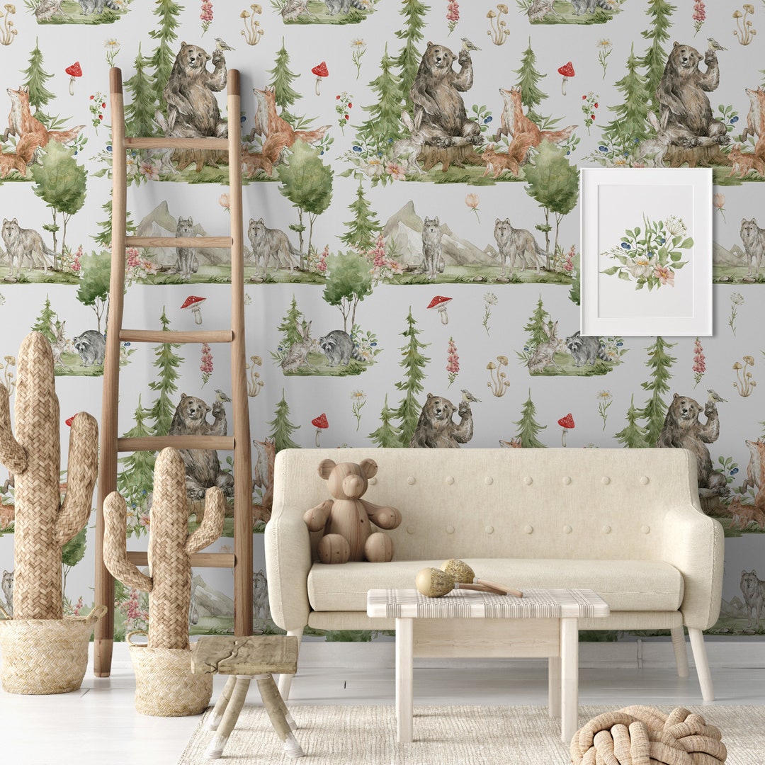 Woodland Nursery Wallpaper, Kids Forest Animals Wall Decor, Backwoods ...