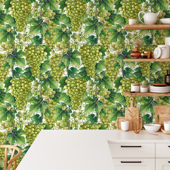 Grapes Wallpaper for Kitchen Decor, Grape Fruits Wall Art with Leaves, Vintage Grape Variety Illustration, Fruit Theme Home Accent