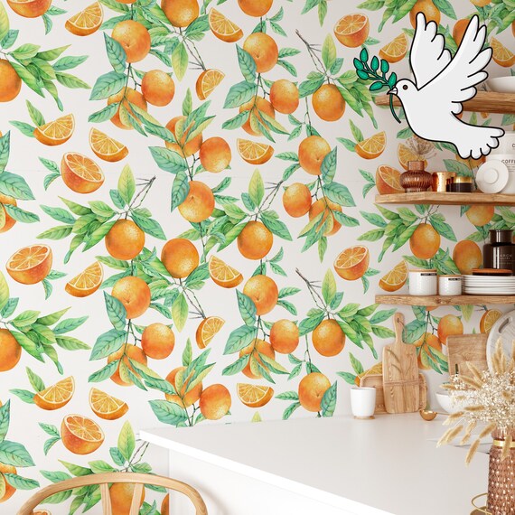 Watercolor Oranges Wallpaper, Orange Floral Wall Mural, Italian Kitchen Decor