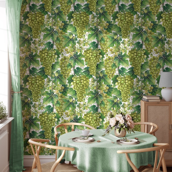 Grapes Wallpaper for Kitchen Decor, Grape Fruits Wall Art with Leaves, Vintage Grape Variety Illustration, Fruit Theme Home Accent