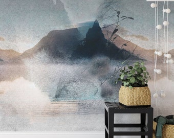 Extra Large Misty Mountain Wallpaper, Watercolor Nordic Landscape Wall Art, Foggy Forest Lake Mural (260 × 180 cm)