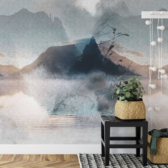 Extra Large Misty Mountain Wallpaper, Watercolor Nordic Landscape Wall Art, Foggy Forest Lake Mural (260 × 180 cm)