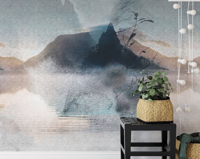 Extra Large Misty Mountain Wallpaper, Watercolor Nordic Landscape Wall Art, Foggy Forest Lake Mural (260 × 180 cm)