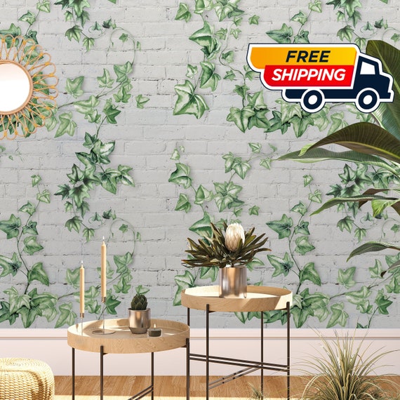 Climbing Green Ivy Leaves Wallpaper on Bricks with Birds and Butterflies, Watercolor Foliage Hedera Ivy Wall Decor