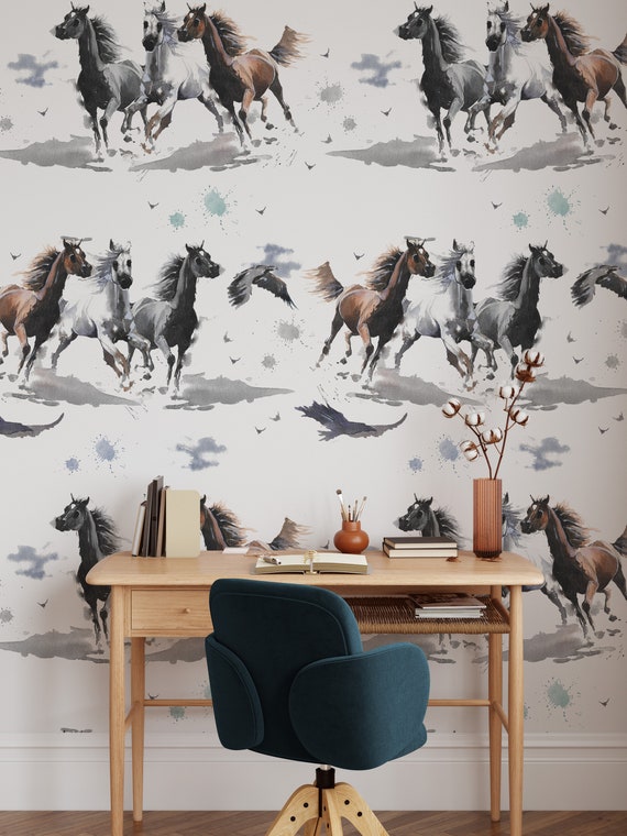 Watercolor Horses Wallpaper, Horse Wall Art with white background