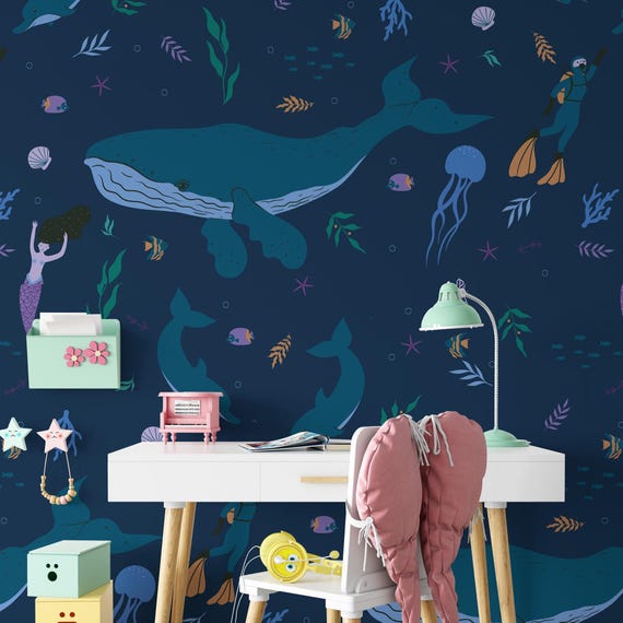 Mermaids Wallpaper with Whales - Navy Blue Diving Beauties Underwater Wall Art & Ocean Decor for Kids Room