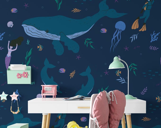 Mermaids Wallpaper with Whales - Navy Blue Diving Beauties Underwater Wall Art & Ocean Decor for Kids Room