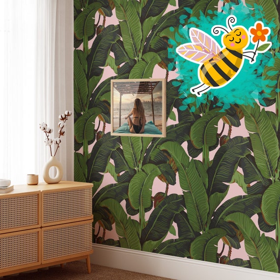 Pink Banana Leaf Tropical Rainforest Wallpaper, Leaves Print Palm Tree Jungle Print Boho Decor
