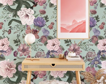 Vintage Peony Floral Wallpaper, Pastel Secret Garden Botanical Print with Snake, Pink Green Wall Decor