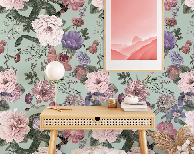 Vintage Peony Floral Wallpaper, Pastel Secret Garden Botanical Print with Snake, Pink Green Wall Decor
