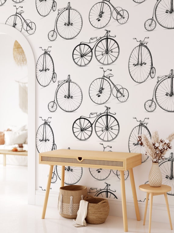 High Wheeler Vintage Wallpaper, Penny Farthing Retro Wall Decor in Black and White