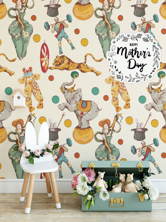 Watercolor Circus Nursery Wallpaper for Boys Room Decor, Nursery Wall Decor, Whimsical Circus Animals Retro Wall Art