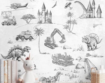 Timeless Tales Wallpaper: Dinosaur Machines & Vintage Aviation, Whimsical World Wallpaper, Steam Punk Kid's Room in Black and White