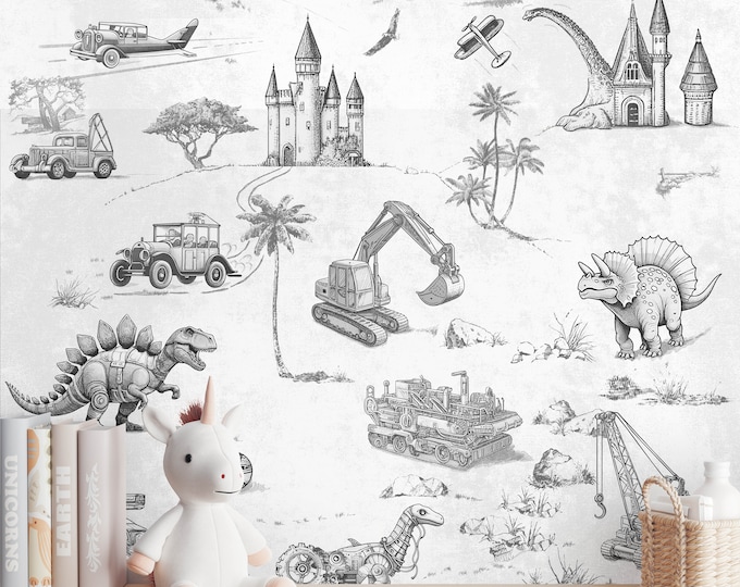 Timeless Tales Wallpaper: Dinosaur Machines & Vintage Aviation, Whimsical World Wallpaper, Steam Punk Kid's Room in Black and White